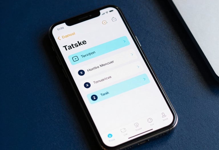 An overhead shot of a modern smartphone on a navy blue desk. The screen displays a task management app with bold typography and light blue highlights. North American office setting.