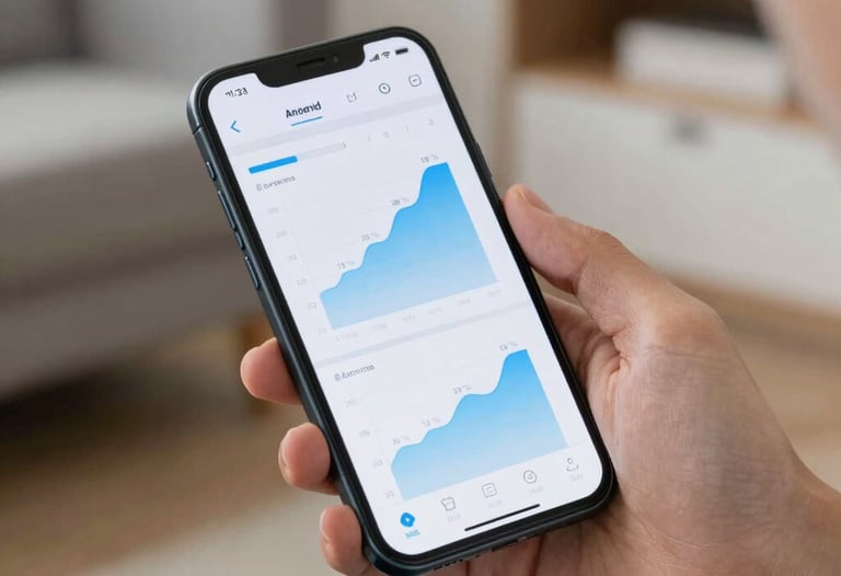 Close-up photography of a person's hands holding an Android phone in a modern US living room. The screen shows a beautiful finance app with interactive light blue charts.