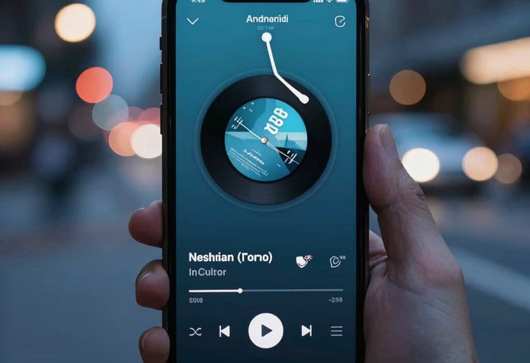 A beautiful close-up of an Android phone displaying a music player app. The background is a blurred North American city street at night with soft blue bokeh lights.
