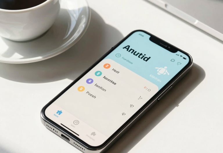 A sleek Android phone sitting on a white desk next to a cup of coffee. The screen shows a health tracking app with light blue and off-white colors. Sunny morning light.