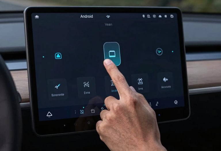 A person's hand interacting with a large Android screen in a modern car interior. The interface is clean and dark, featuring light blue navigation icons. Night photography.