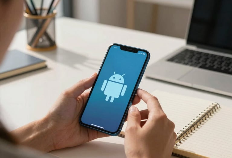 Photography of a person sitting at a desk with an Android phone and a notebook. The room is a bright, modern workspace in a US city. The lighting is warm and inviting.