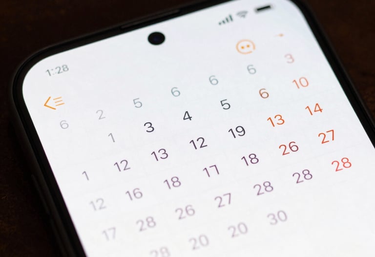 Macro photography of an Android phone screen showing a clean, high-contrast calendar interface. The lighting is crisp and emphasizes the sharp display quality.