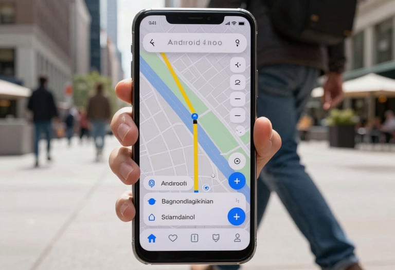 Photography of a person walking through a bright US city plaza, using an Android phone with a map application visible on the screen. Lifestyle, daylight.