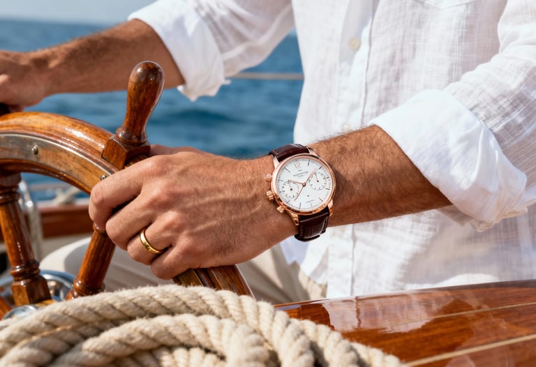 man wearing a refined watch while steering a boat with nautical ropes and natural light