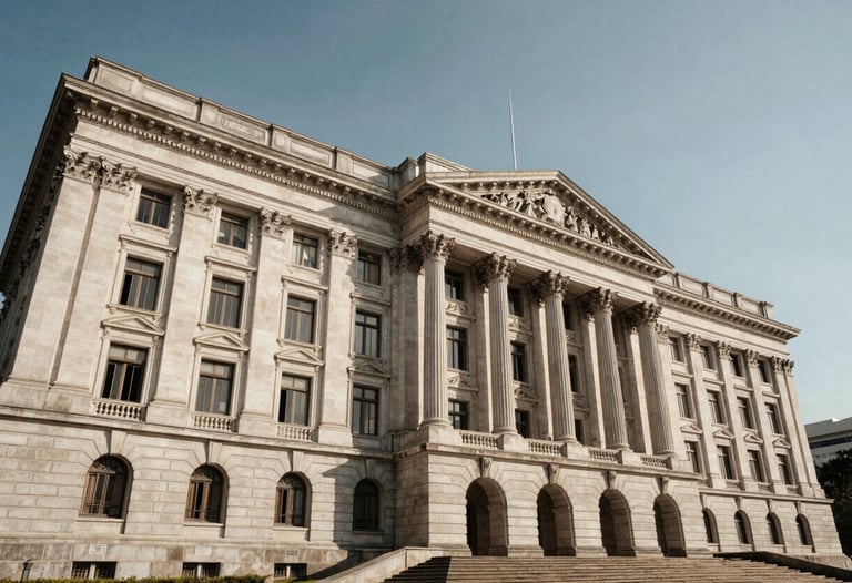 A wide, low-angle shot of a majestic neoclassical building in Brazil, symbolizing the strength of the judicial system. Dramatic, authoritative lighting.