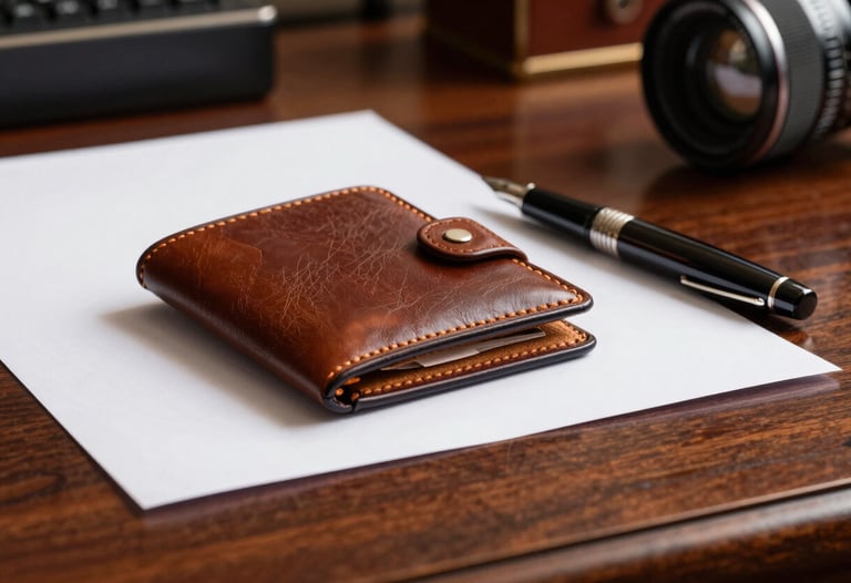 Close-up of a high-quality leather folder and a fountain pen on a polished mahogany desk. The lighting is focused and professional, highlighting textures of paper and leather. Background shows a blurred, high-end South American office interior.