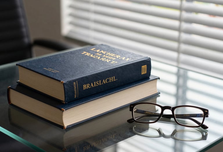 Still life of architectural legal books and a pair of spectacles on a glass table. Morning light filtering through blinds, creating a sophisticated and intellectual mood in a Brazilian office.