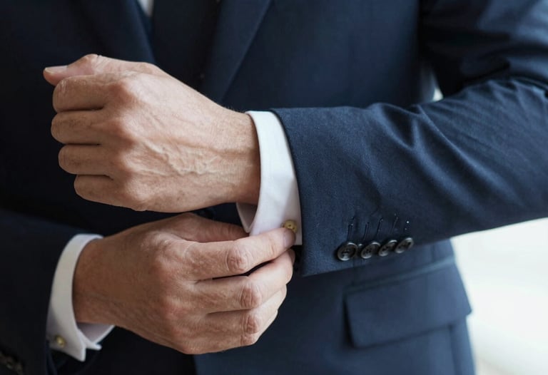 Close-up of a person in a dark suit adjusting their cufflinks. Only hands and suit visible. Cinematic lighting, conveys preparation and meticulous attention to detail.