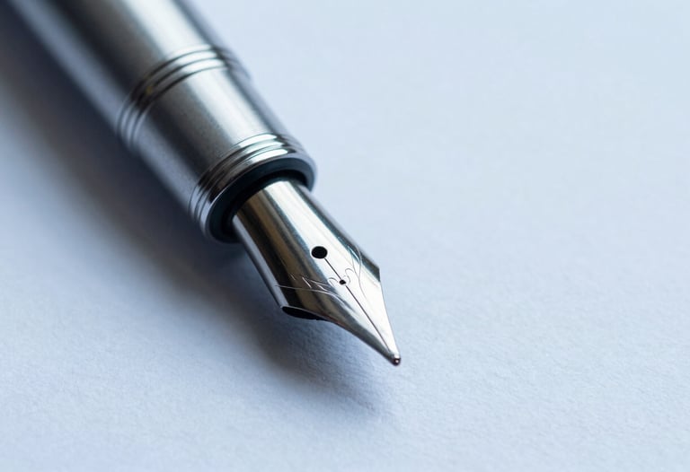 Macro shot of a high-quality fountain pen tip touching a white textured paper. Professional, elegant, and focused. Steel blue tones.