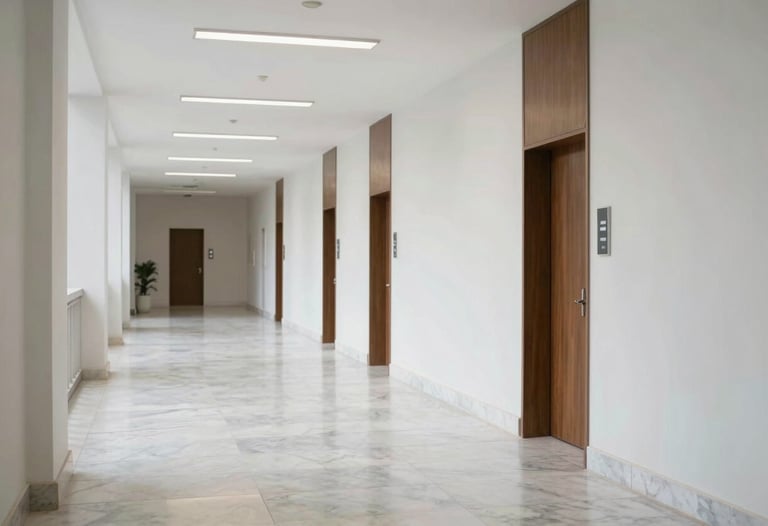 A professional wide shot of a modern courthouse hallway in Brazil. White marble floors, clean walls, and a sense of solemnity and justice. Bright, natural lighting.