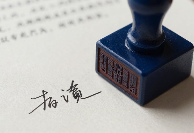 Macro shot of a legal seal and signature on an official document. Sharp focus on the embossed details, reflecting meticulous attention and legal validity. Deep blue and off-white color palette.