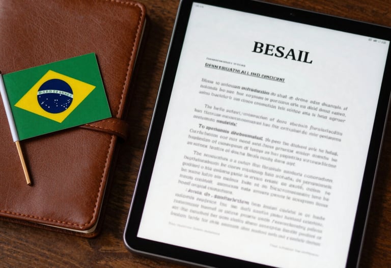 Top-down view of an organized desk with a digital tablet showing a legal document, a leather-bound notebook, and a small Brazilian flag pin. Professional, modern, and patriotic touch.