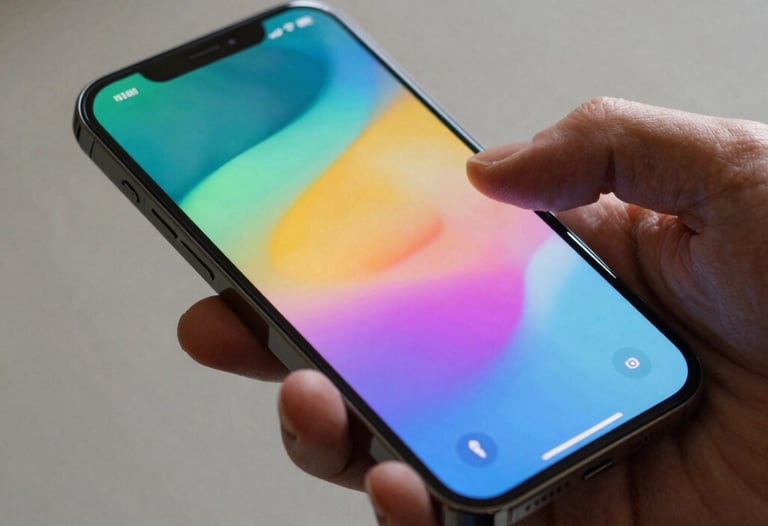 Close-up of a hand interacting with a high-end smartphone, showing a clean and colorful user interface, soft lighting, East Asian / Japanese.