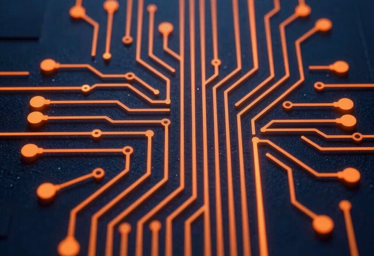 Stylized view of a digital circuit pattern glowing with orange light against a deep navy blue background, tech-forward, modern.