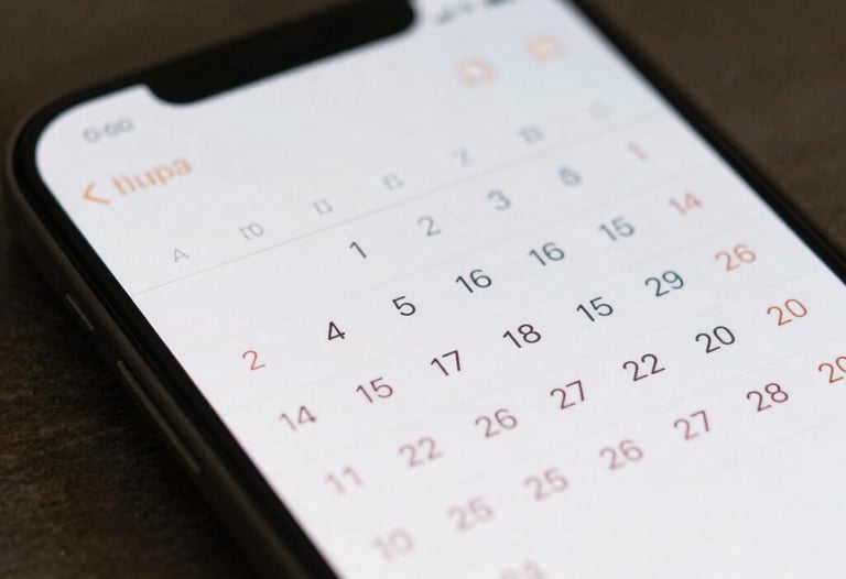 Close-up of a high-resolution smartphone display showing a creative calendar interface with soft typography, soft morning light, East Asian / Japanese aesthetic.