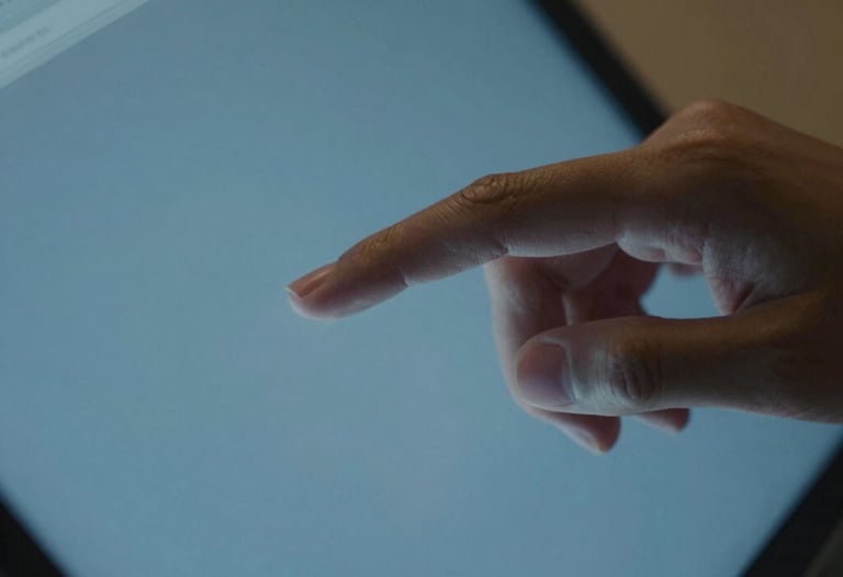 Blurred motion shot of a hand swiping on a digital screen, emphasizing smooth interaction and responsiveness, cool blue tones, East Asian / Japanese setting.