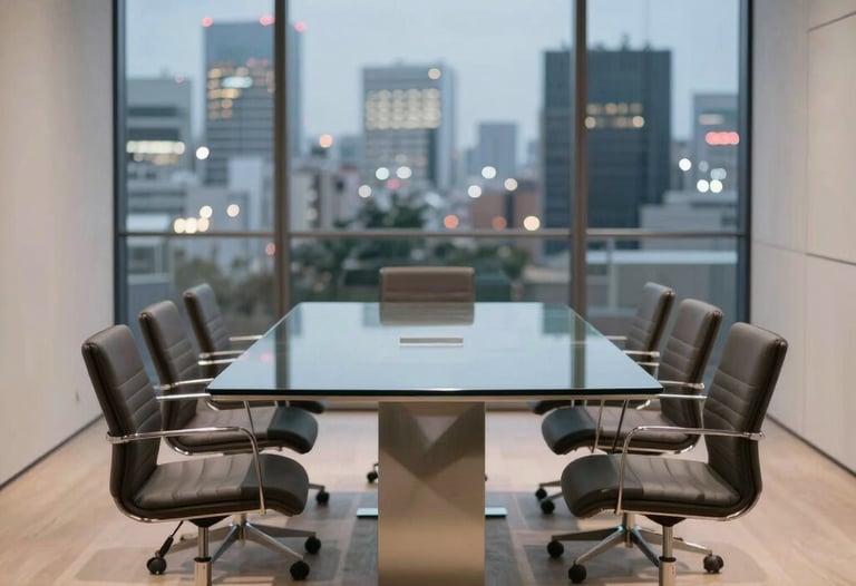 A minimalist meeting room in Tokyo with a glass table and designer chairs, blurred city lights in the background, sophisticated and calm.