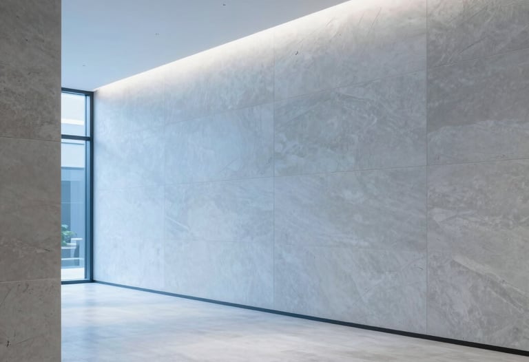 Clean architectural shot of a minimalist office lobby with soft blue lighting and stone textures, sophisticated and professional, East Asian / Japanese.