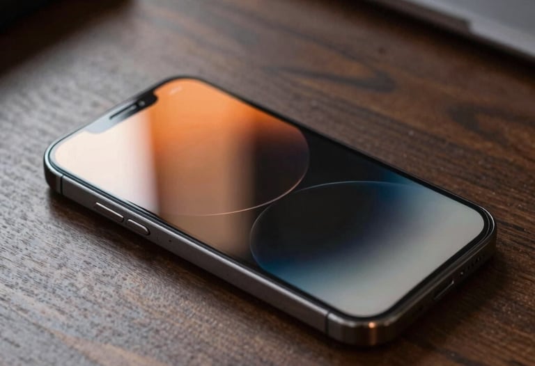 Macro photography of a sleek smartphone screen resting on a polished dark wood desk, soft orange light reflecting off the glass, East Asian / Japanese office setting.