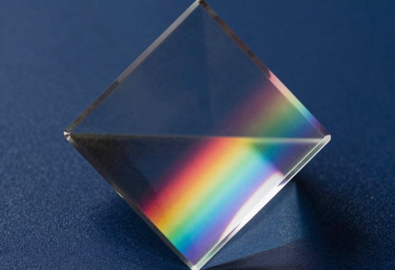 Abstract photography focusing on the refraction of light through a glass prism, creating soft rainbows on a navy surface, East Asian / Japanese style.