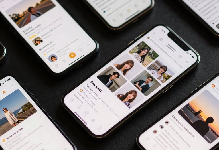 A collection of sleek mobile devices arranged on a dark surface, each displaying a different section of a cohesive UI system, East Asian / Japanese aesthetic.