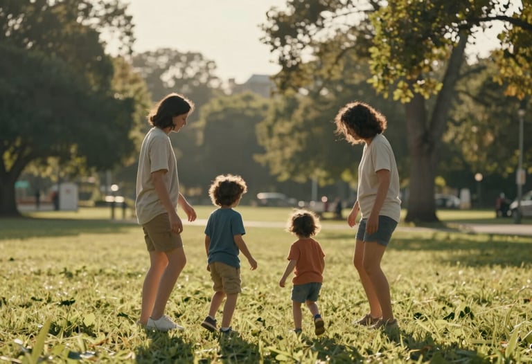 A candid shot of a family playing together in a warm, sun-drenched North American park, reflecting the cinematic mood of Kathryn's work.