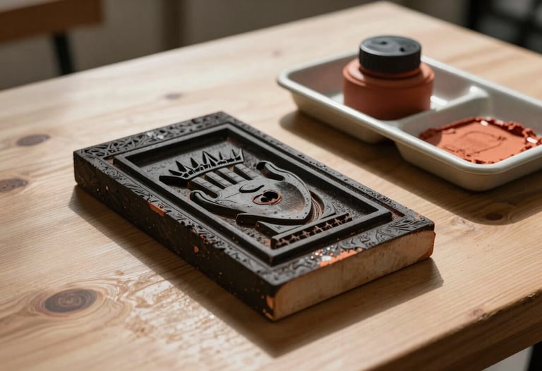A close-up shot of a sun-drenched wooden table where a hand-carved linoleum block and a tray of terracotta-colored ink sit ready for printing. Cinematic lighting creates soft shadows in a North American studio setting.