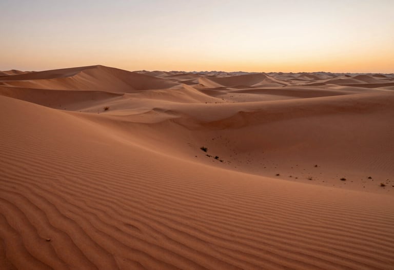 A wide cinematic shot of a North American desert at sunrise, with warm terracotta and soft sand colors dominating the landscape.