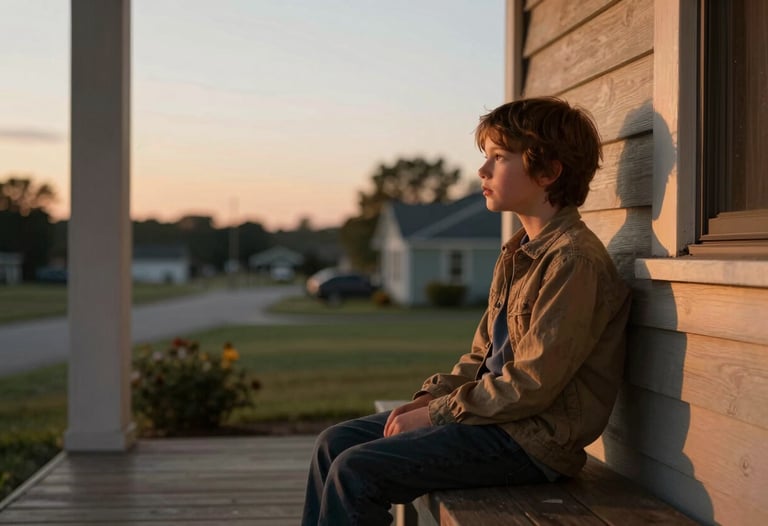 A serene North American porch at sunset where a child sits quietly, the warm light catching the texture of their clothing, inspired by cinematic realism.