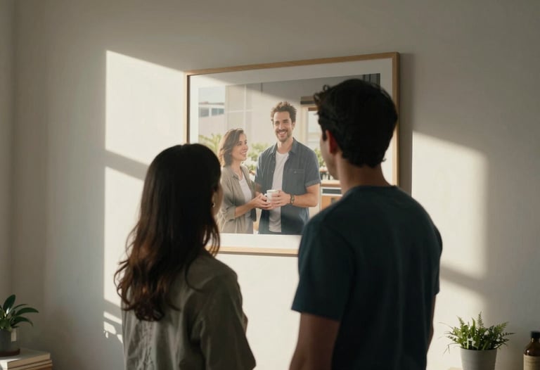A candid moment of two people looking at a large print on a wall in a sunlit North American home, their silhouettes warm and inviting.