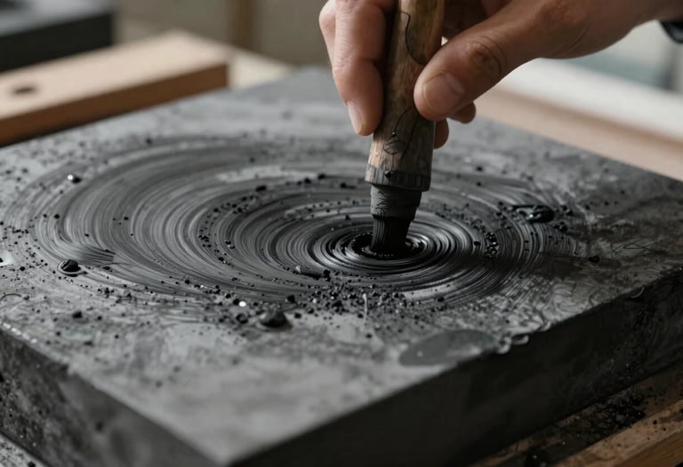 An artistic close-up of charcoal ink spreading on a printing block, with cinematic lighting and a focus on handcrafted detail.