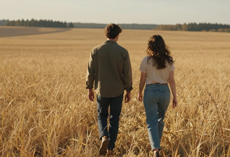 A cinematic shot of a couple walking through a golden field in North America, with sun-drenched lighting and an authentic, warm emotional vibe.