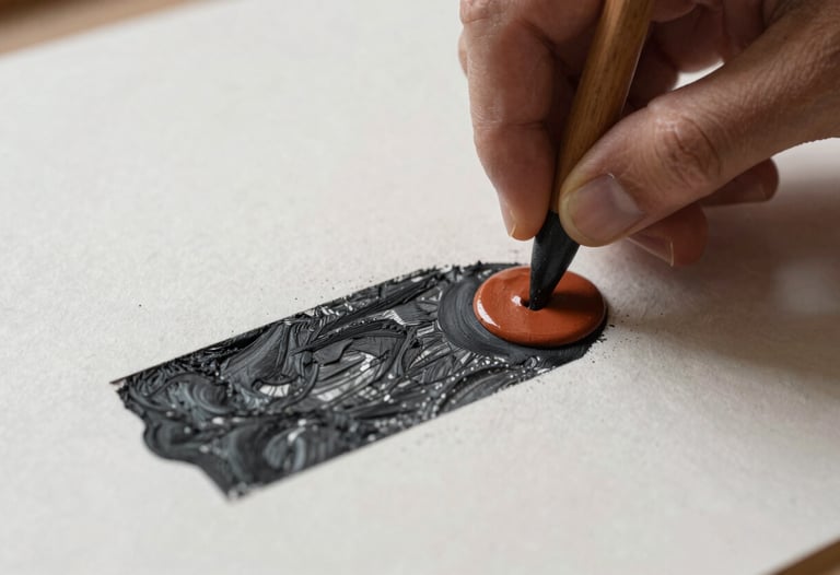 A detailed close-up of a hand rolling ink onto a carving, showcasing the texture of the paper and the rich charcoal and terracotta pigments.