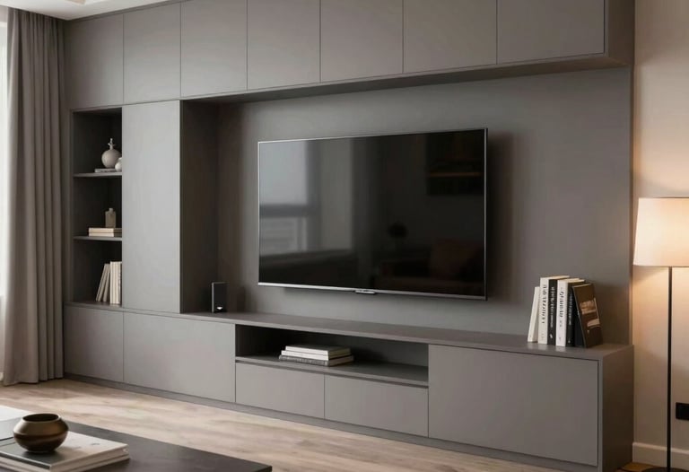 A contemporary living room in a North American home featuring a sleek TV unit area with integrated storage, neutral gray tones, and warm ambient lighting.