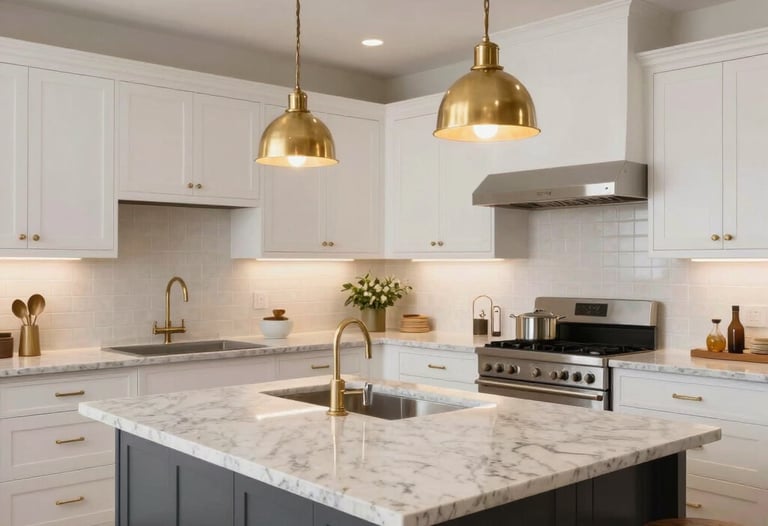 A bright, airy North American kitchen featuring sleek white cabinetry, a large central island with quartz countertops, and modern brass pendant lights.