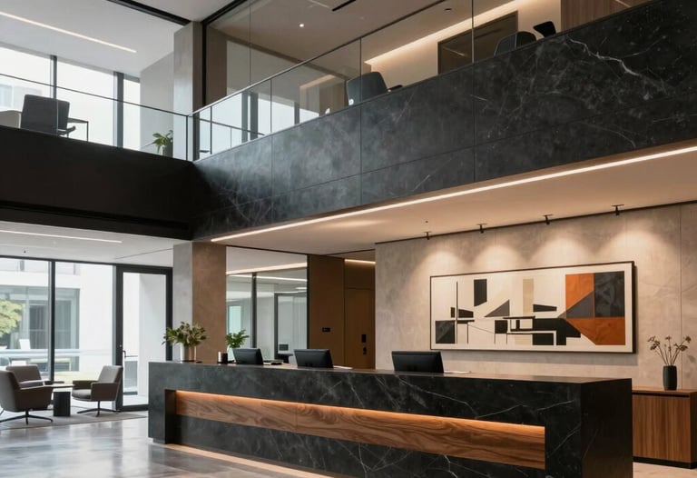 An expansive, modern office lobby in North America with high ceilings, featuring a custom-designed reception desk made of dark stone and wood, complemented by contemporary art and architectural lighting.