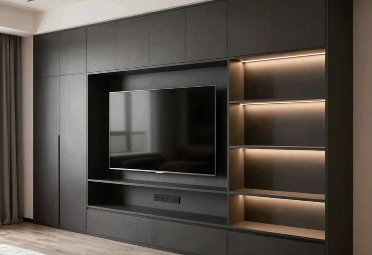 A high-end North American living room showcasing a custom-built entertainment unit with integrated LED shelving, matte dark charcoal finishes, and hidden storage solutions.
