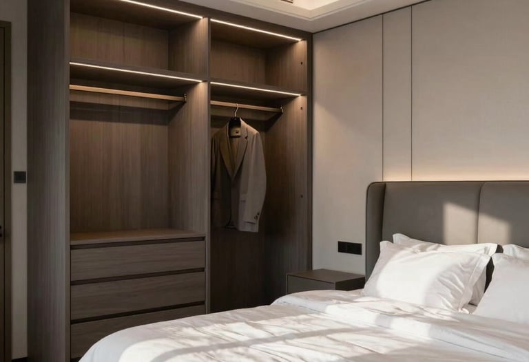 Interior shot of a sophisticated master bedroom in a North American home. Features a custom wardrobe with integrated lighting, a plush upholstered headboard in slate gray, and crisp white linens under soft natural morning light.