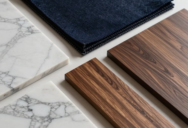 Close-up of high-quality interior materials including dark navy textile swatches, polished marble samples, and walnut wood finishes arranged neatly on a designer's table in a North American studio.