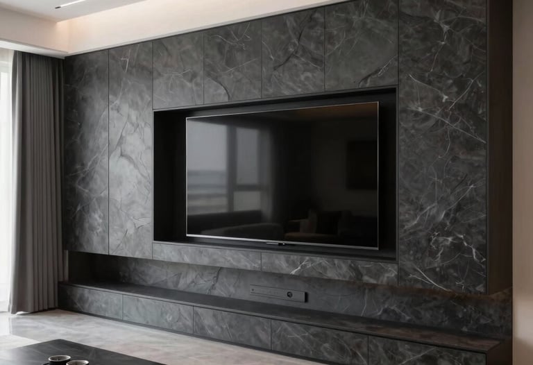 A sleek, modern living room in a North American home featuring a custom entertainment area with dark slate gray cabinetry and a large wall-mounted screen.