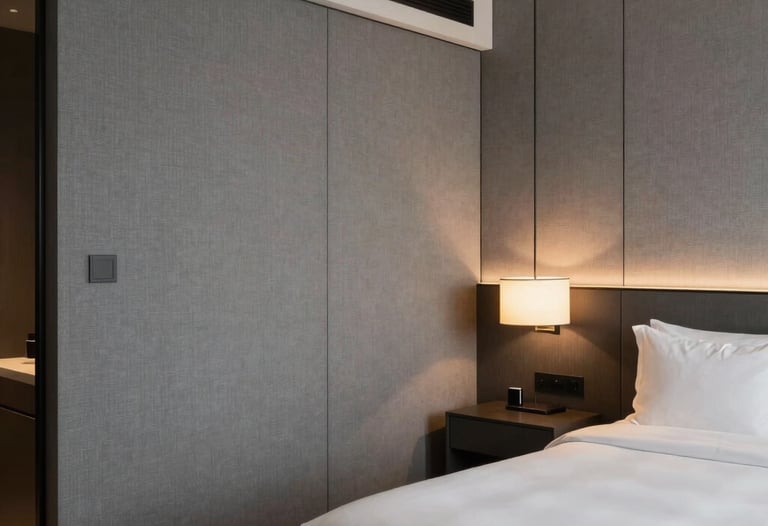 Interior of a modern boutique hotel room in North America with sophisticated gray paneling, luxury fabrics, and warm, minimalist bedside lighting.