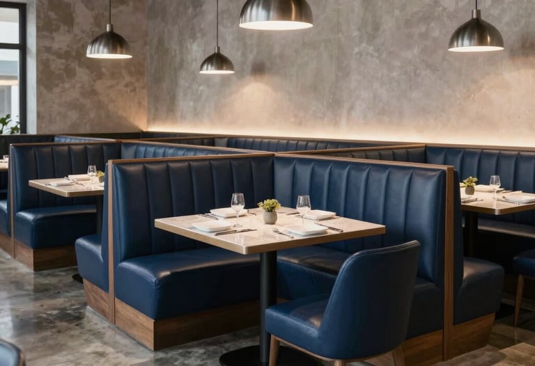 A stylish restaurant dining area featuring custom-designed booth seating in navy leather, sophisticated pendant lights, and polished concrete flooring.