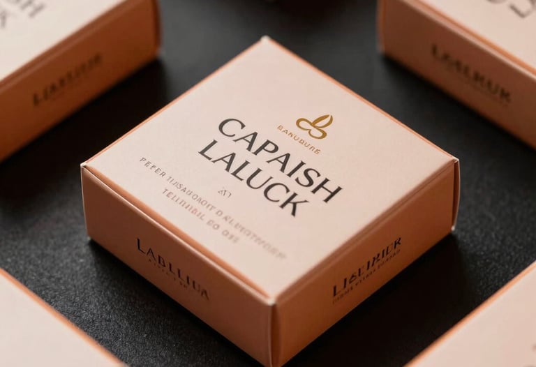 Close-up of premium cosmetic packaging with orange accents, high-contrast lighting on a matte black surface, professional commercial photography, Spanish luxury brand style.