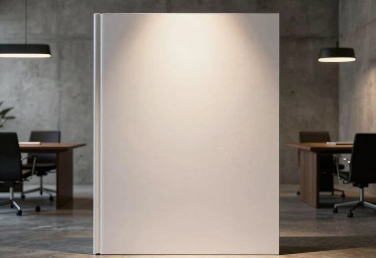 Minimalist office interior in Barcelona, Spain. Concrete walls, dark furniture, focused warm spotlight on a large branding book, high-end photography.