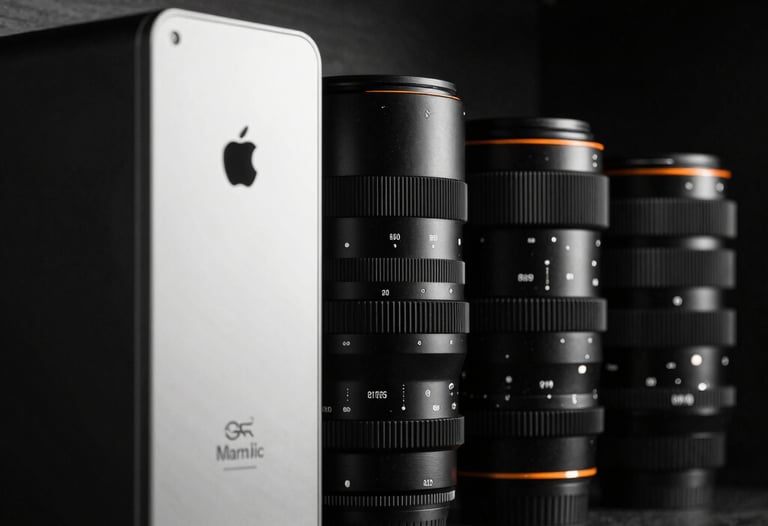 A row of high-end electronics with minimalist branding, cinematic low-key lighting, black and white aesthetic with a single orange glow detail.