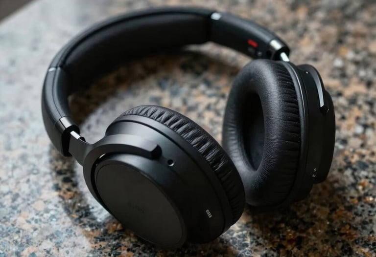 An abstract, cinematic shot of high-end headphones on a granite surface, dramatic lighting highlighting the sleek curves and metallic textures.
