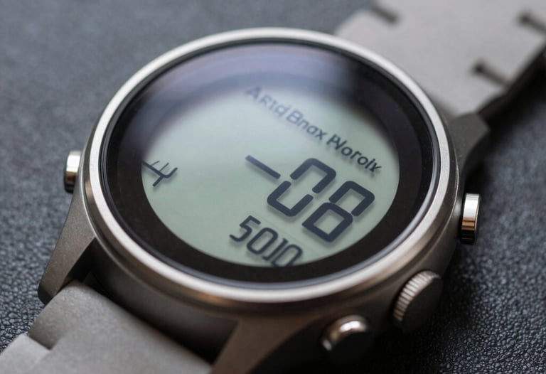 Minimalist digital watch on a dark surface, macro shot highlighting the interface design and material textures, high-tech aesthetic.