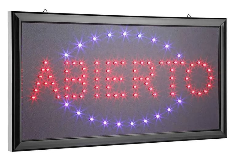 Illuminated red LED Abierto sign with purple lights for storefront business windows.