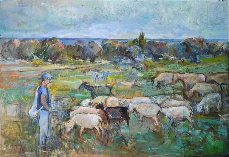 El pastor de Cunit, óleo del artista pintor Argi Girón. Sheeps, lanscape, oil, artist, painter